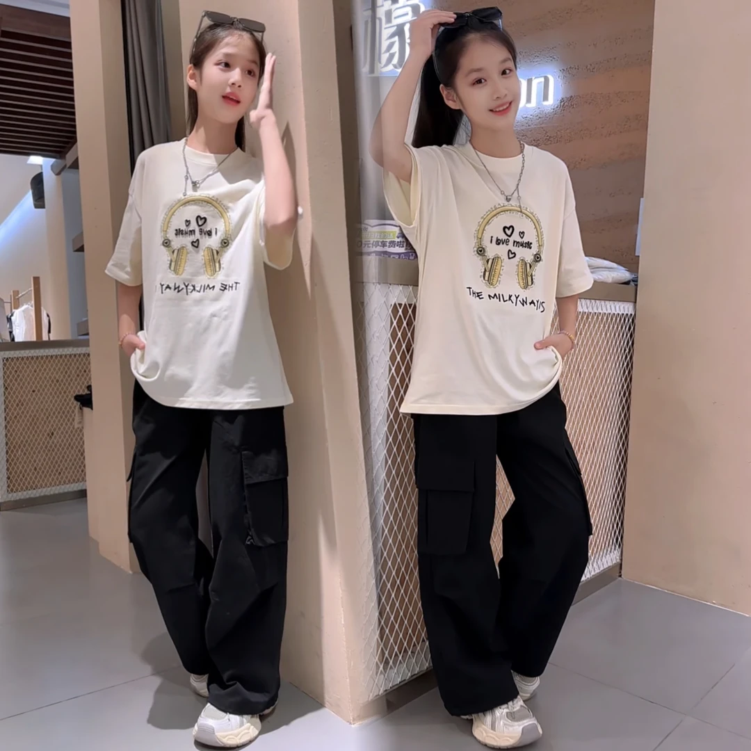 2025新款夏季女童耳机洋气圆领T恤工装裤套装休闲中大童套装