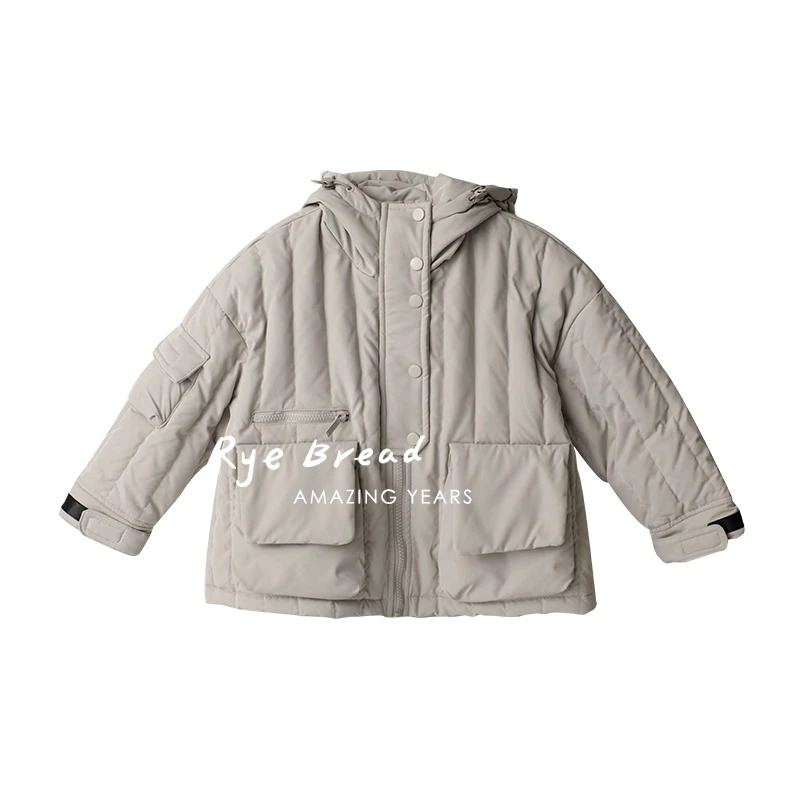 ryebread/黑面包童装女中大童大口袋连帽保暖加厚羽绒服4冬牛牛