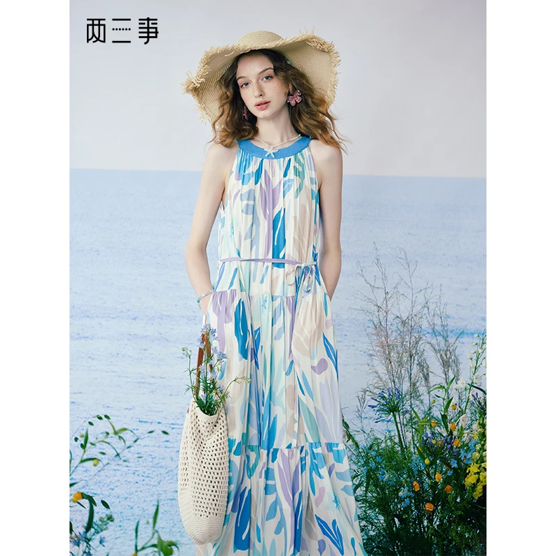 两三事 海屿漫花度假风剪纸印花绑带无袖连衣裙长裙S25QLY183
