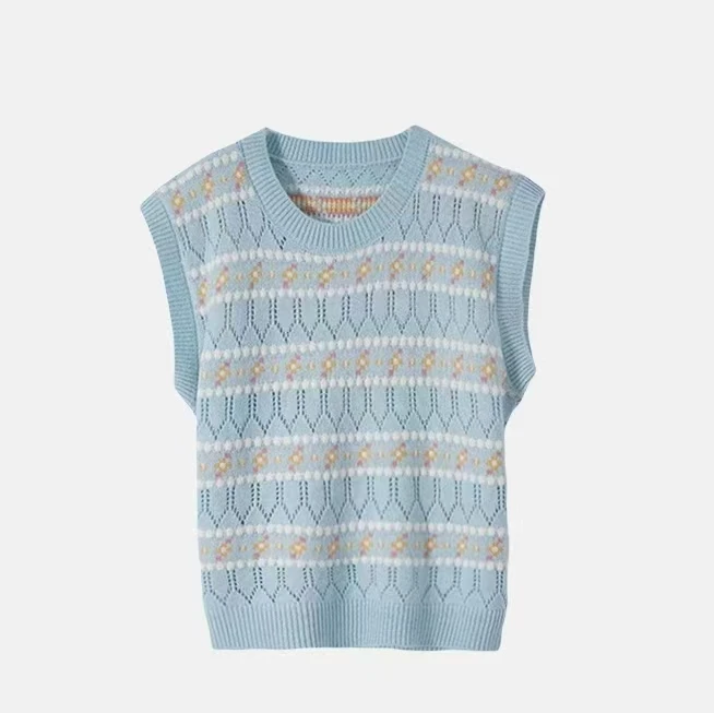 秋季2024新款针织条纹春季时尚无袖镂空宽松套头上衣休闲圆领9761