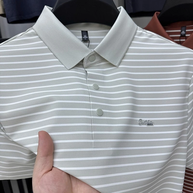 VIATEMSIARY高级感条纹男士冰丝短袖t恤商务休闲宽松凉感Polo衫夏