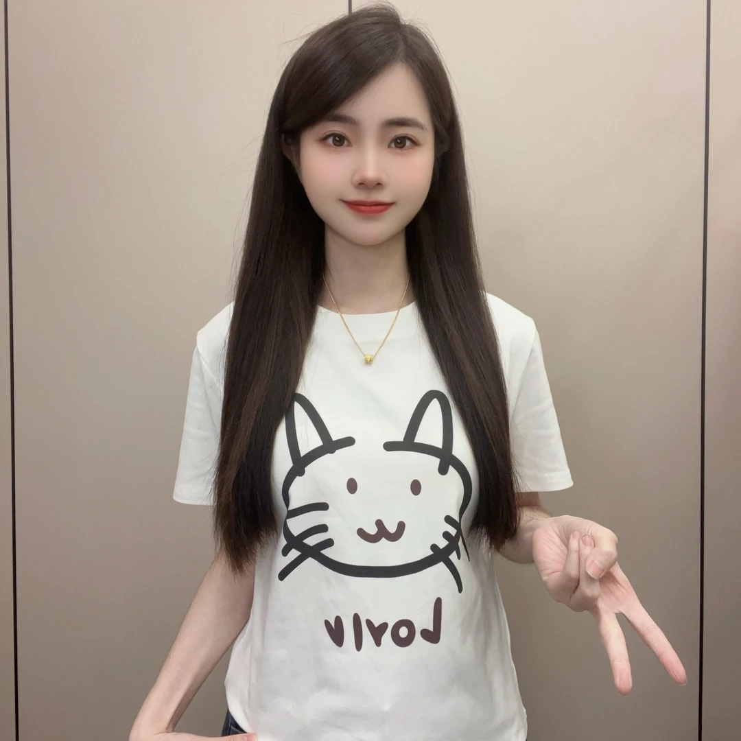 线条猫 2025夏季新款圆领短袖T恤百搭显瘦上衣女时尚休闲印花