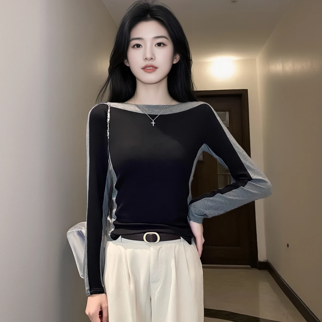 映棠时尚拼色设计感T恤内搭一字领秋冬长袖百搭螺纹洋气上衣潮ins