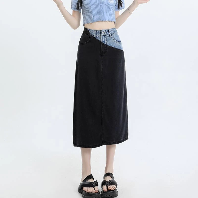 轻薄天丝拼接牛仔裙女2025年秋季新款显瘦拼接高腰撞色开叉半身裙