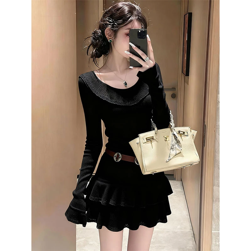 小个子大方得体女神范气质轻奢高级感巨好看的黑色针织连衣裙秋季