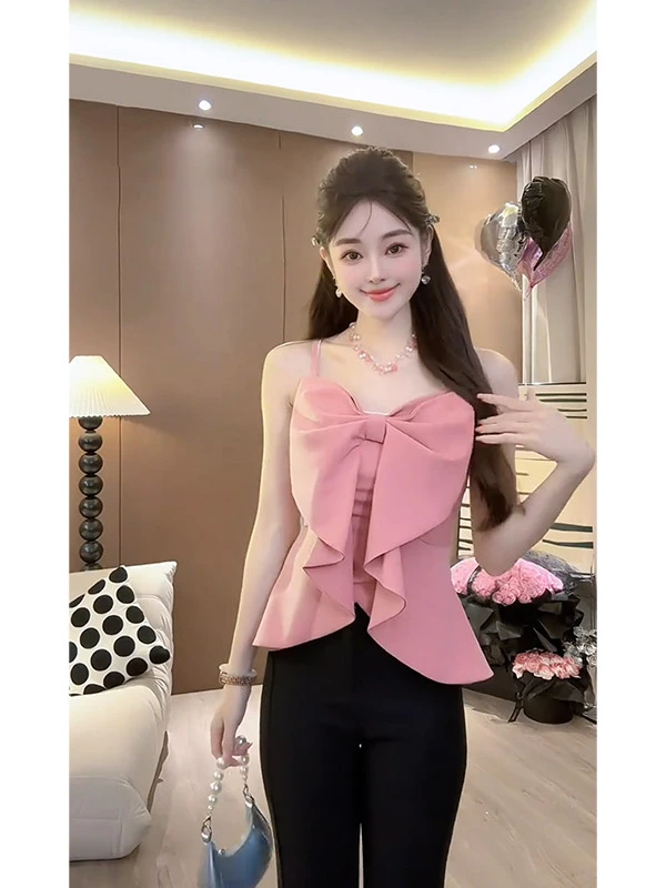 甜美纯欲风蝴蝶结吊带背心女2025夏季新款度假风女装无袖短款上衣
