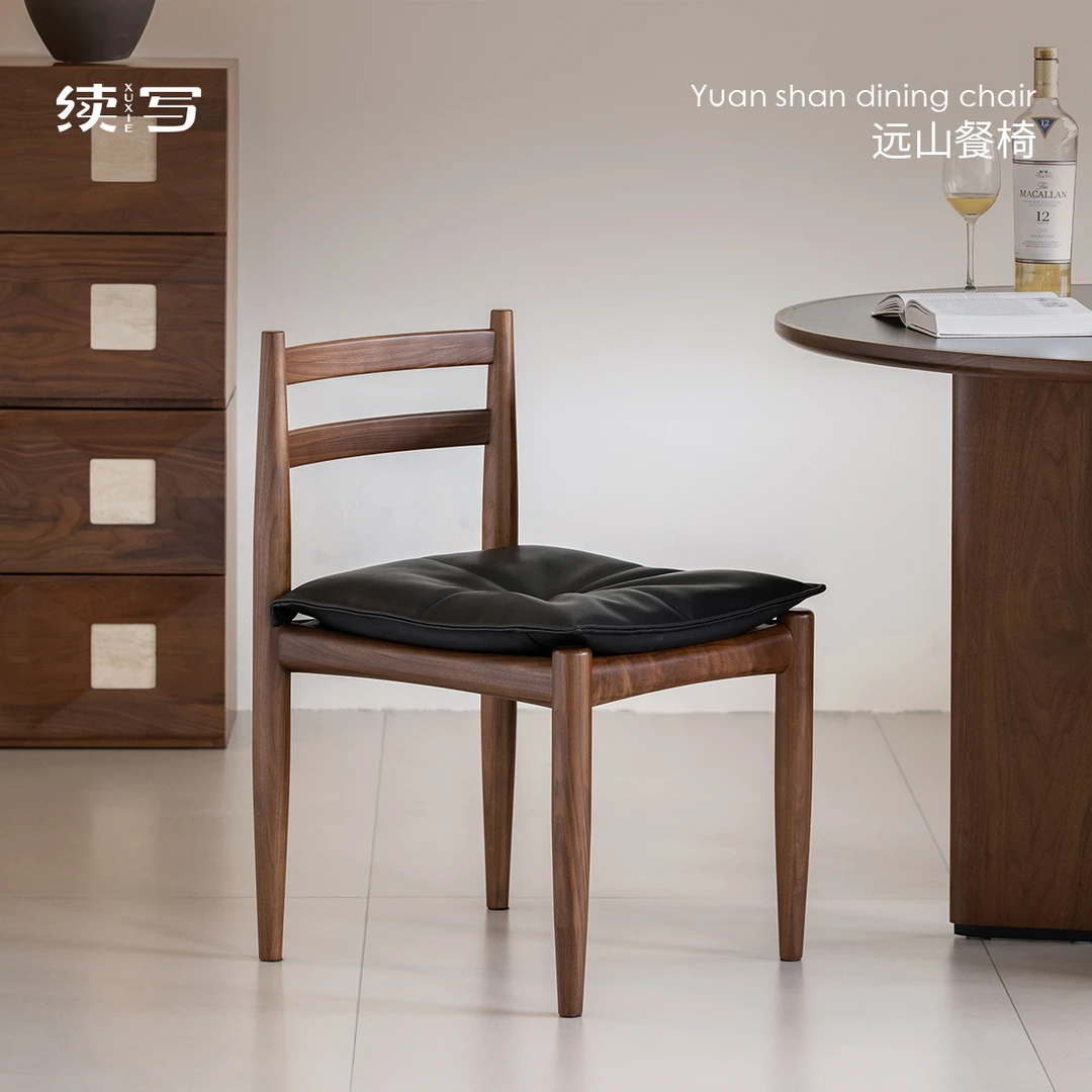 【远山餐椅】出乎小半黑胡桃木餐椅软包座垫复古靠背茶椅全实木椅子
