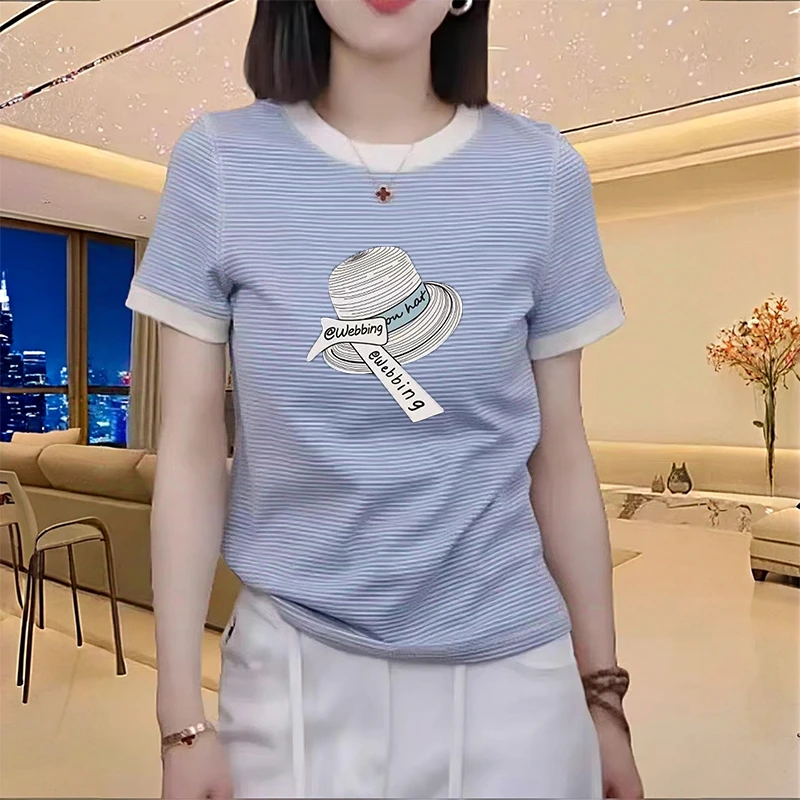 短袖t恤女2025新款时尚条纹半袖体恤衫夏季百搭宽松正肩大码上衣