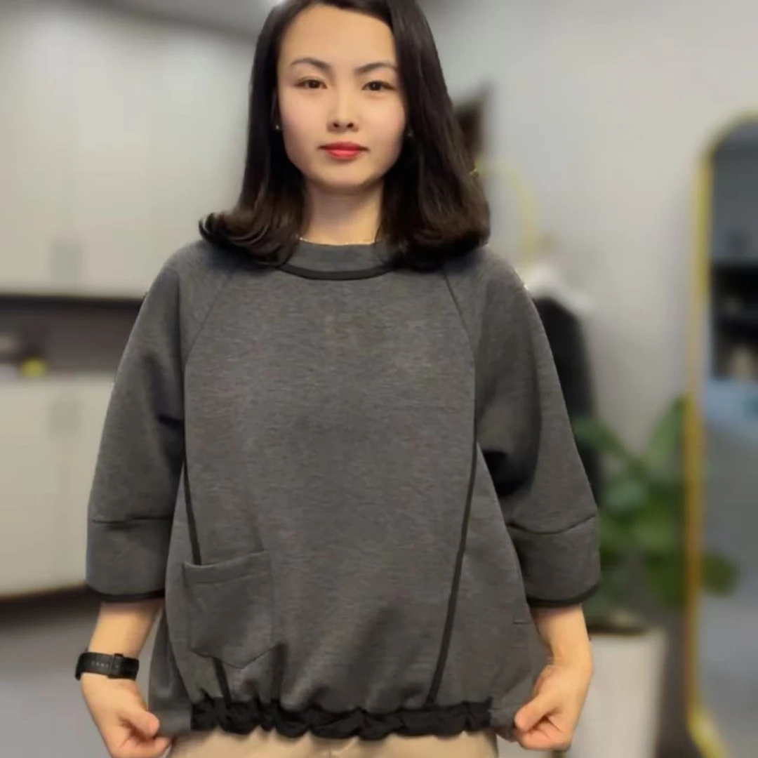 【香香优选】韩国圆领前松紧七分袖卫衣新款女士时尚洋气舒适百搭