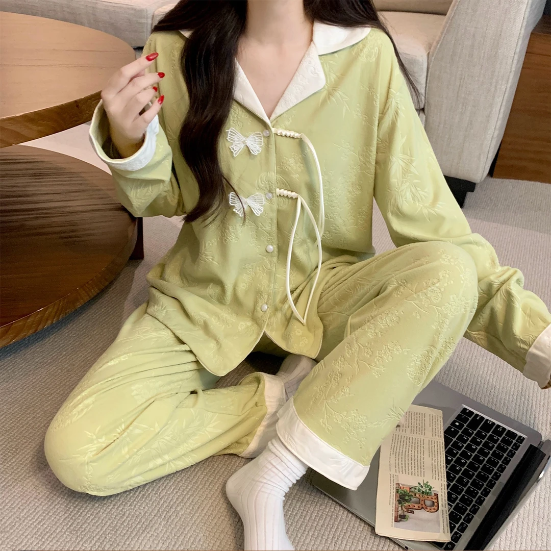 新中式睡衣女款春秋冬季舒适德绒开衫加厚保暖不带胸垫家居服套装