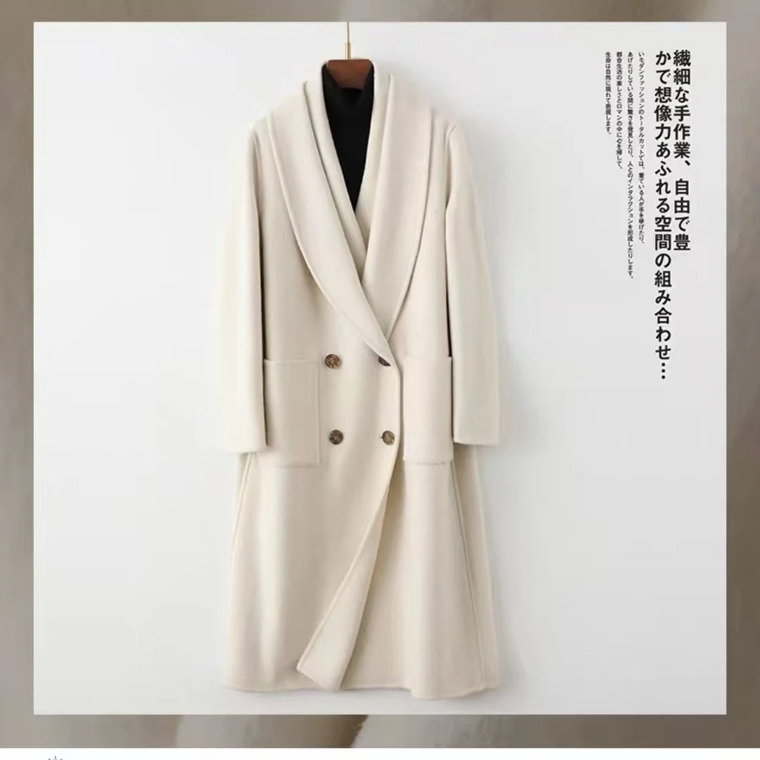 静奢风假两件叠穿双面呢中长款女秋冬宽松毛呢大衣