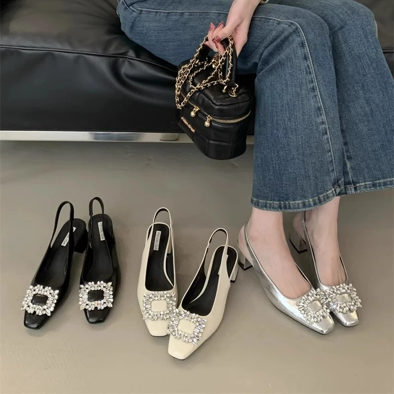 粗跟包头凉鞋后空浅口女鞋2025年春夏新款高级感水钻气质法式单鞋