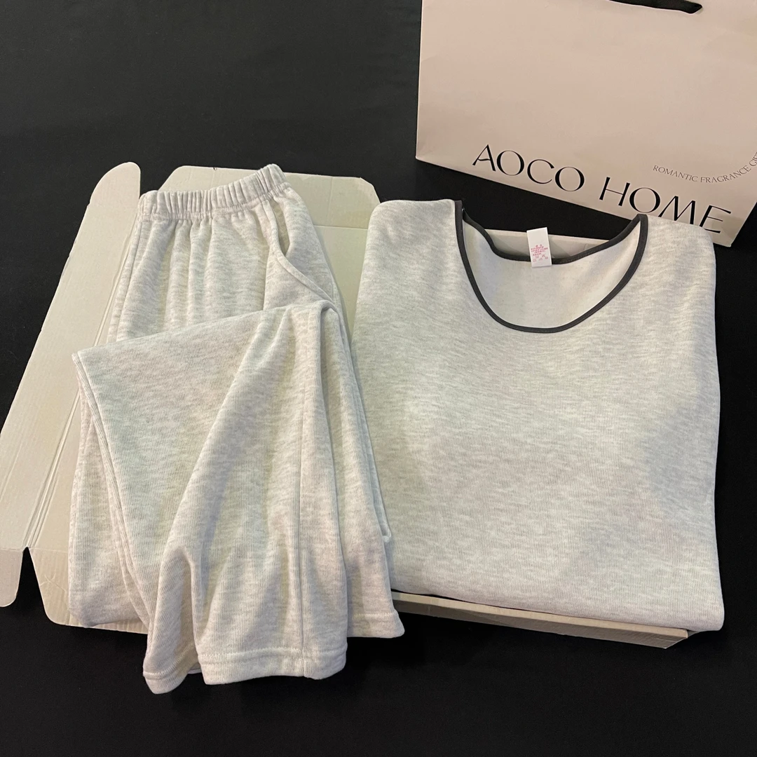 带胸垫睡衣女秋冬季新款德绒长袖加厚款纯色简约学生可外穿家居服