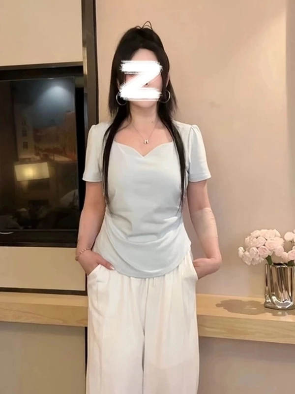 【望巷】大码胖mm设计感欧若风收腰褶皱修身上衣女胖mm女士气质上衣