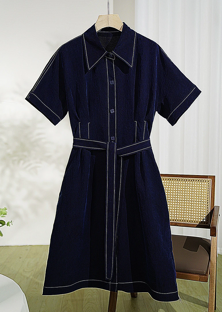 【香侩】100%桑蚕丝蓝色香云纱宽松轻奢显瘦夏季设计师连衣裙 1386