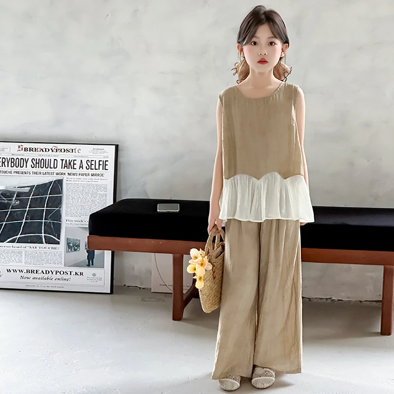 女童荷叶边无袖上衣阔腿裤两件套韩版甜美2025新款中大童潮酷夏装