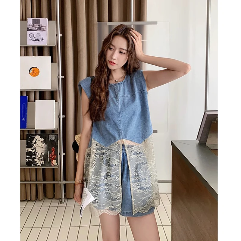 小众设计感蕾丝拼接牛仔马甲套装女2025夏季小个子休闲短裤两件套