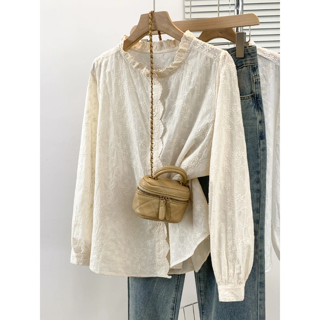 法式高级感蕾丝刺绣花边衬衫女春季新款气质减龄宽松百搭长袖衬衣