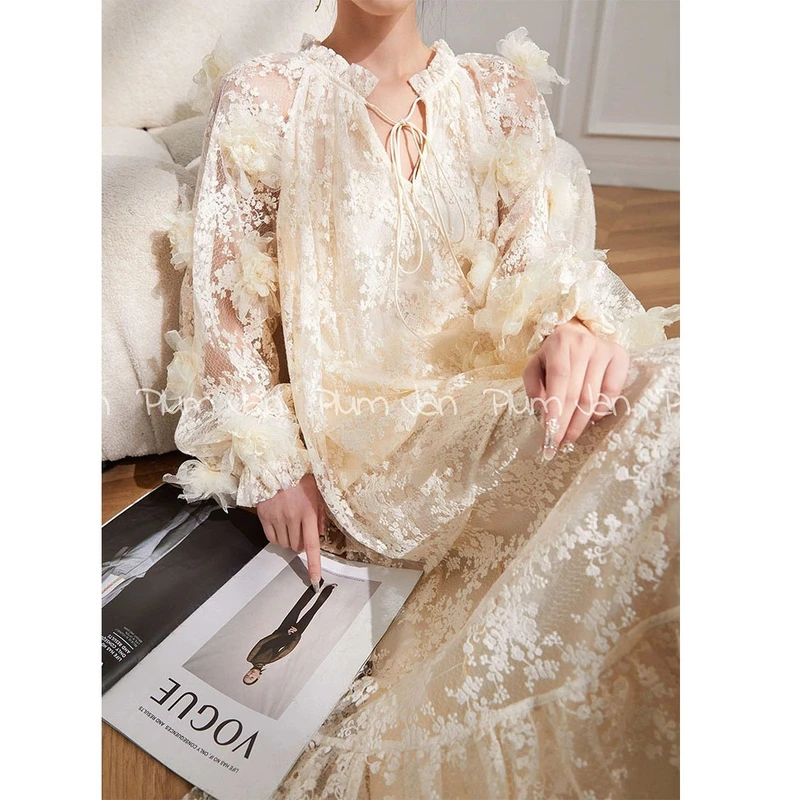 【若水花舞】法式原创镂空蕾丝宽松显瘦温柔风气质仙女连衣裙 AZ001