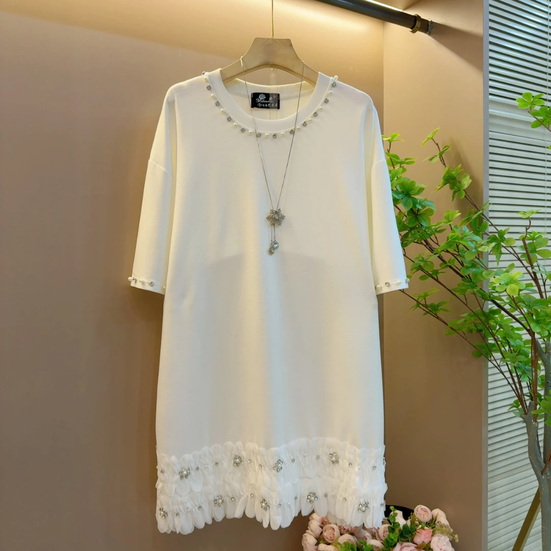 重工钉珠拼接圆领时尚气质宽松显瘦遮肉短袖长衫上衣（长83左右）