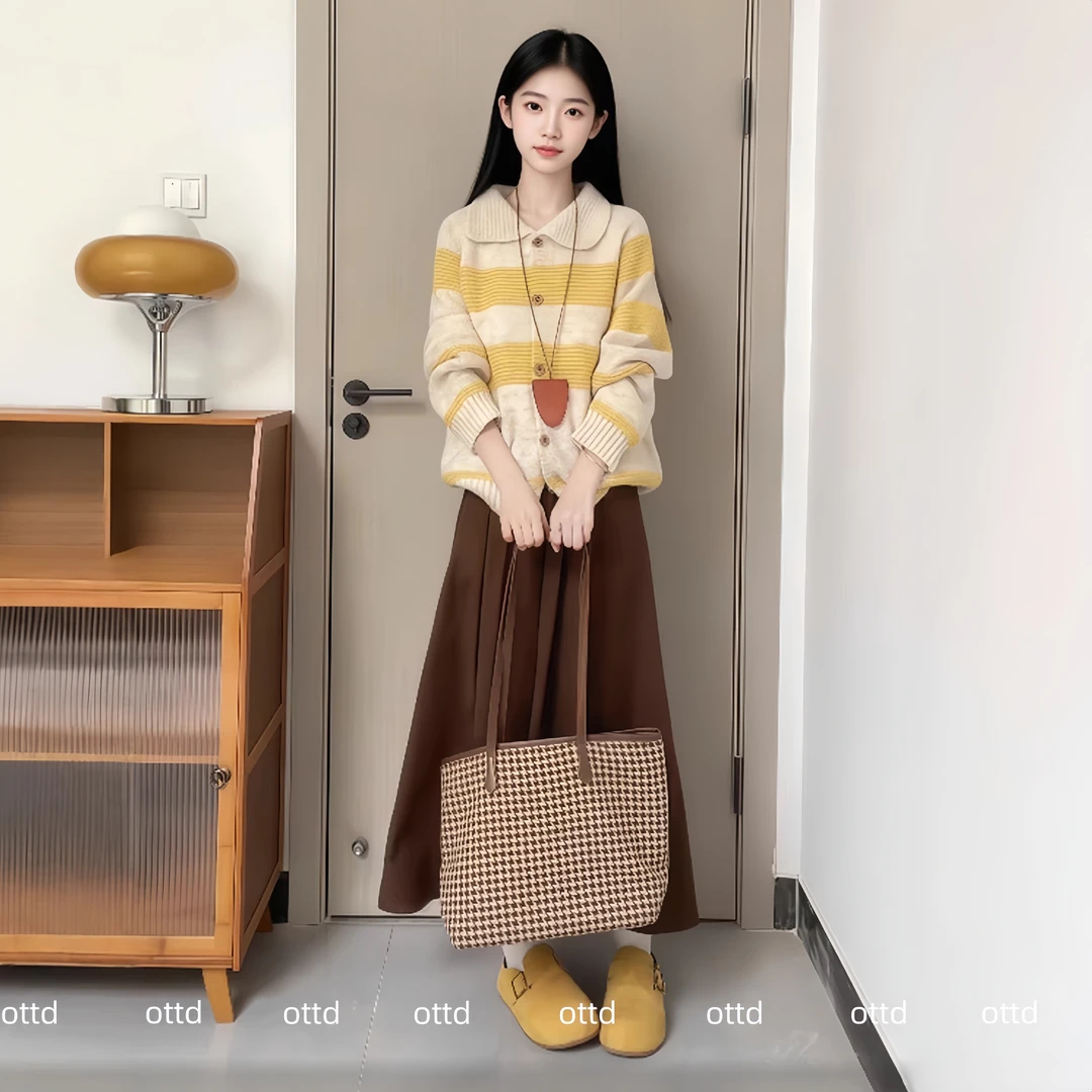早秋慵懒风套装女2025新款黄色针织衫软糯条纹毛衣百搭宽松半身裙