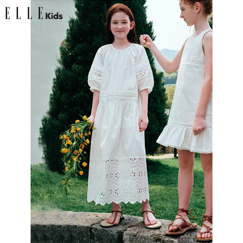 ELLE KIDS法式棉布绣花连衣长裙女童夏季新款度假风中袖裙子A2