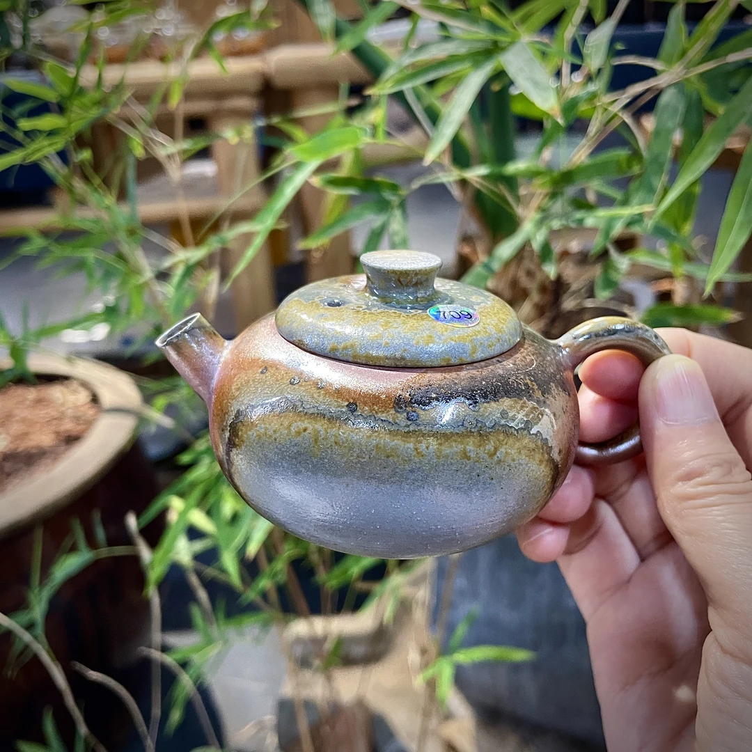 709号全手工玫瑰金泥柴烧茶壶家用复古陶瓷扁柿壶110-120ML嘴微瑕