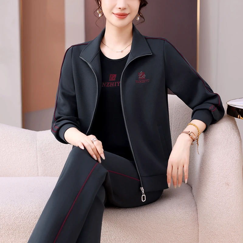 恩狐时尚休闲春秋套装款中老年妈妈装拉链长袖外套三件套