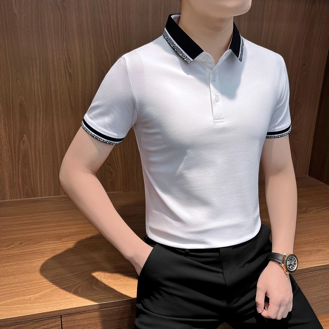 高端时尚撞色男士短袖polo衫夏季新款冰丝痞帅风男装短袖有领t恤