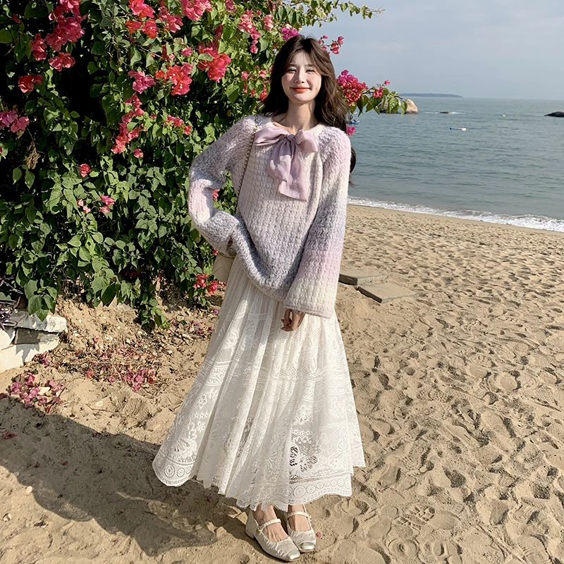 超好看紫色针织毛衣蕾丝半身裙两件套女2025年春秋新款绝美套装裙