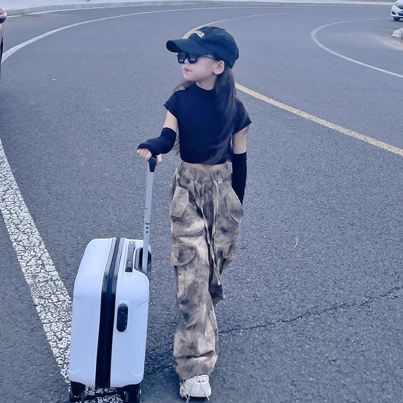 儿童迷彩裤套装春秋2025新款洋气女童秋装工装裤子大童断袖打底衫
