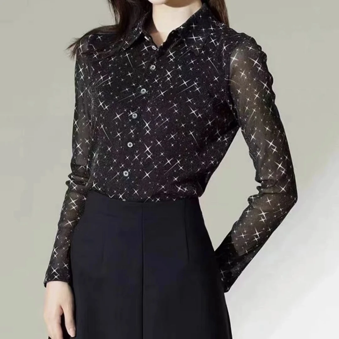 哥弟新款时尚修身显瘦气质网纱弹力长袖衬衫 印花百搭女士1300782