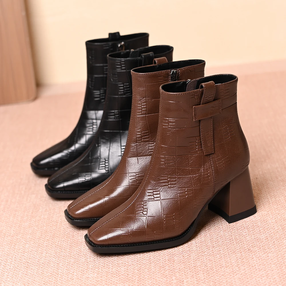 头层羊皮短靴女秋冬方头瘦瘦靴棕色气质时尚百搭高跟英伦风马丁靴