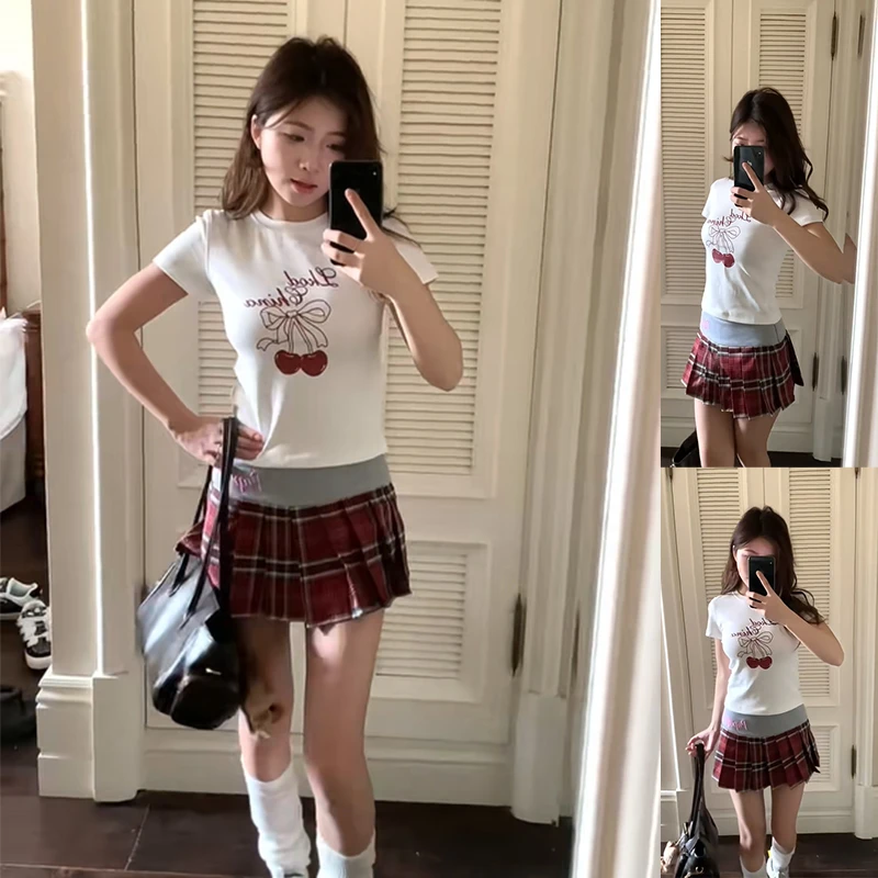 2025夏季新款套装女休闲白色印花短袖上衣格子百褶裙半裙两件套装