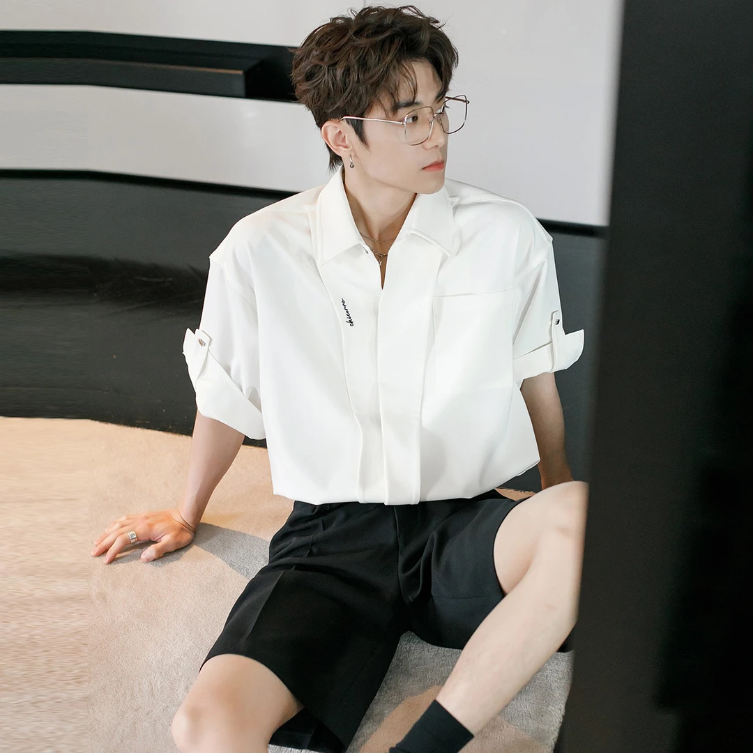 韩版高级感男生痞帅时尚轻奢风短袖衬衫拼接设计夏季潮流衬衣套装