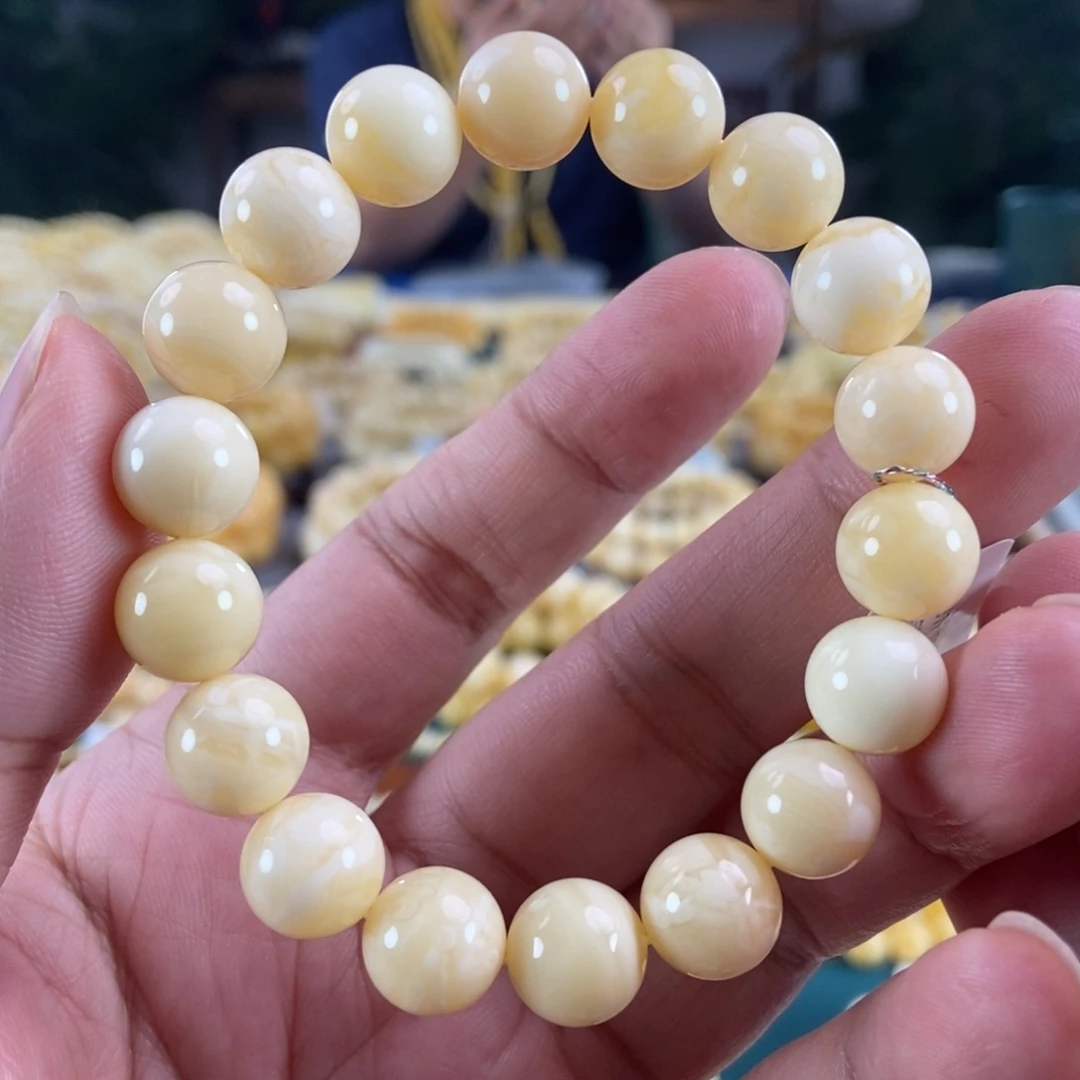 琥珀未镶嵌珠宝奇石11白花蜡手串13.94