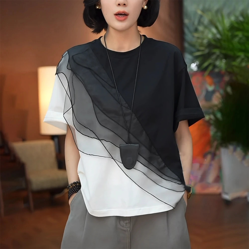 撞色蕾丝拼接短袖t恤女2025夏季宽松显瘦时尚洋气设计感圆领上衣