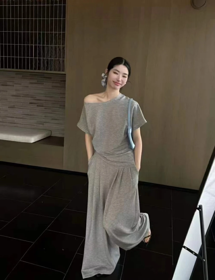 小菜家～INS风时尚套装阔腿裤不规则宽松夏季纯色休闲裤运动