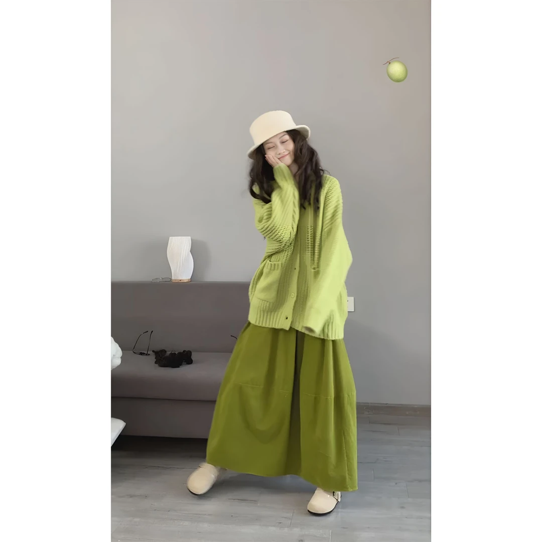 MARIE.COCO慵懒风多巴胺牛油果绿毛衣外套高腰显瘦半身裙秋冬套装