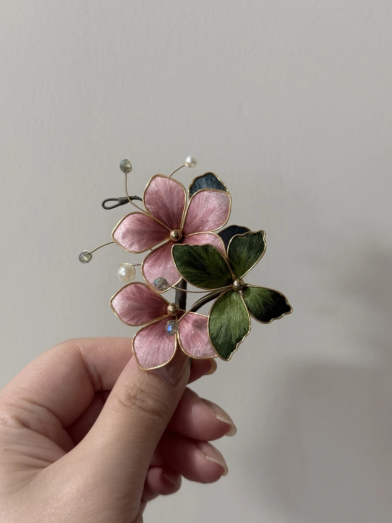 小青梅非遗绒花发簪 粉绿色纯手工古典复古
