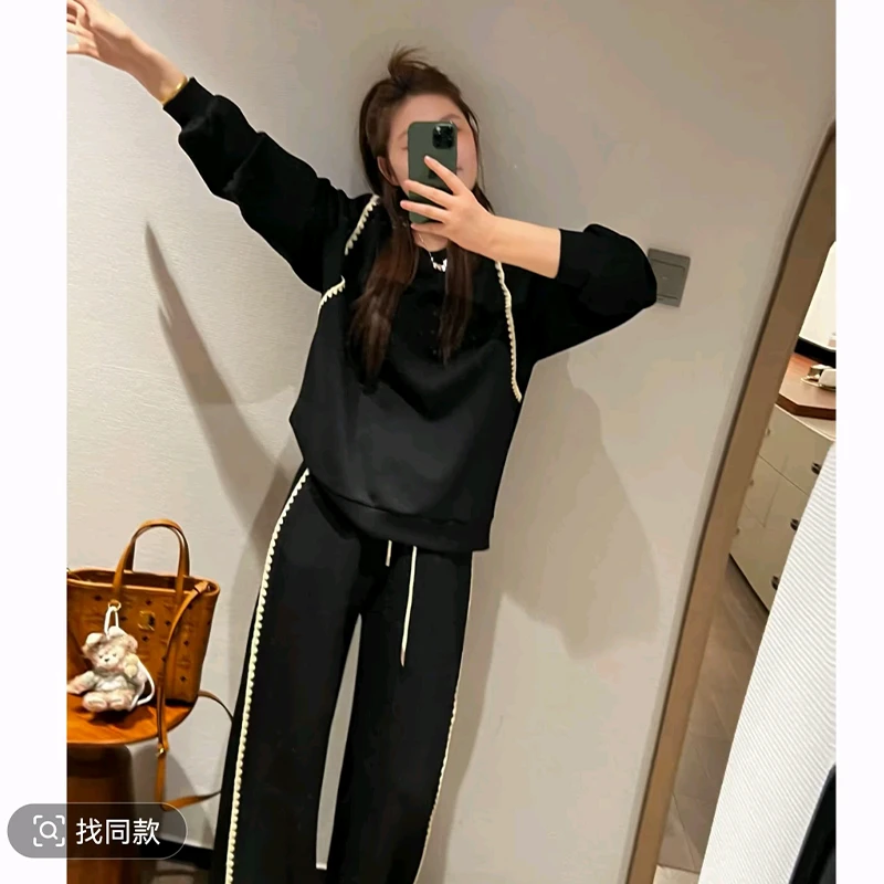 大码减龄宽松时尚上衣休闲裤两件套春秋新潮梨形身材显瘦遮肉套装