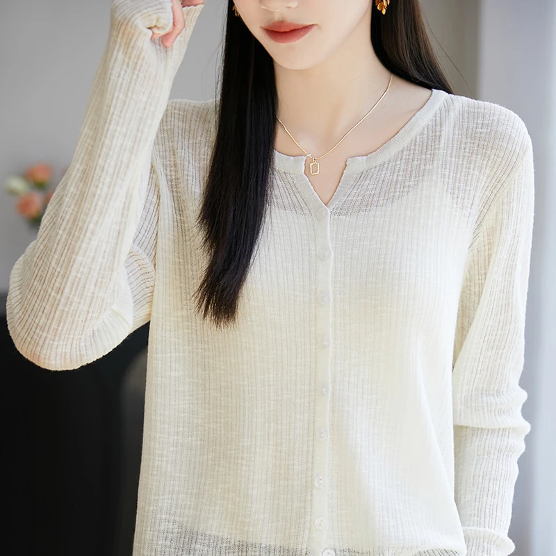 夏季轻薄针织衫女气质时尚百搭长袖防晒简约宽松显瘦针织V领开衫