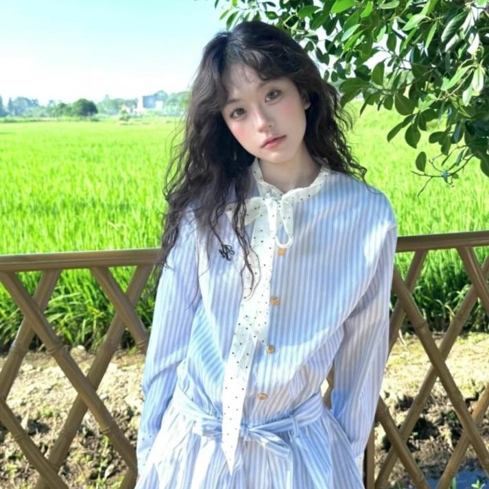 初春学院风条纹衬衫连衣裙女2025新款夏季小个子韩系收腰显瘦短裙