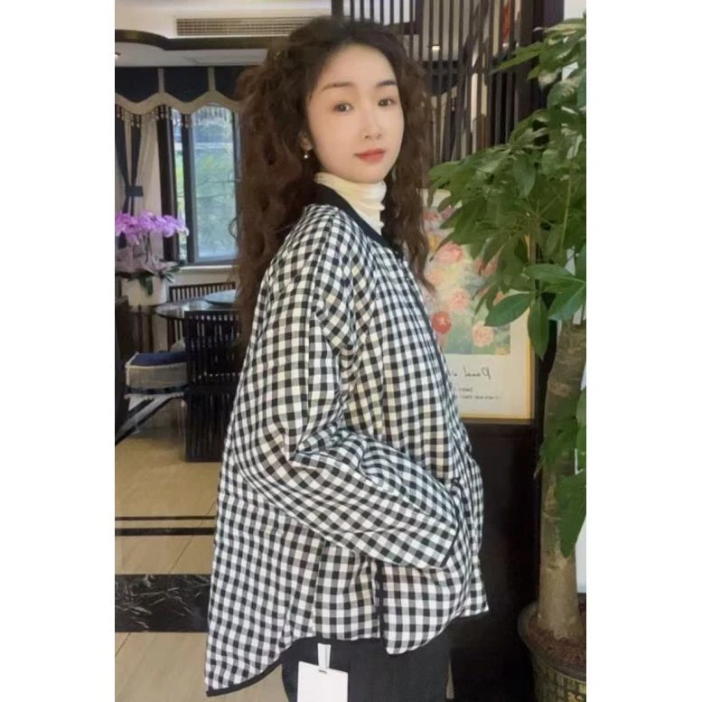 月月  时尚黑白格子棒球服棉衣外套女2024冬季新款