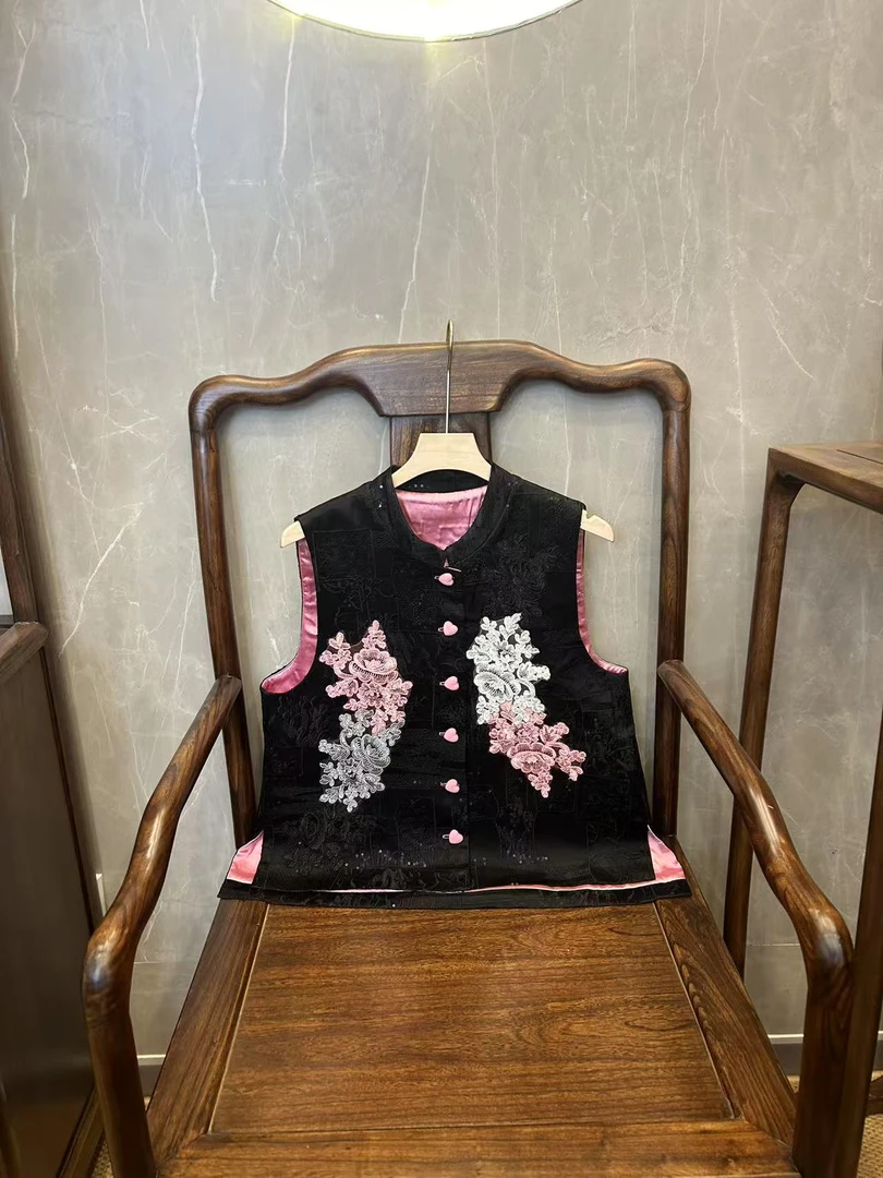 【沅媛】新中式早春新款撞色刺绣气质国潮风女士百搭马甲上衣 591