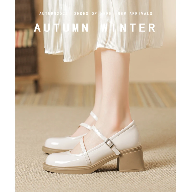 女鞋四季一字扣工作软皮外穿圆头中跟玛丽珍鞋简约厚底鞋