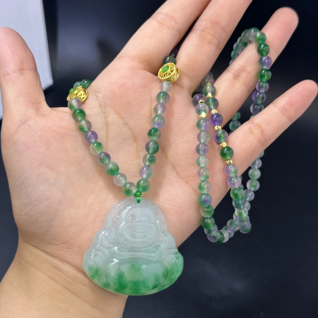 翠绿飘花全玉化弥勒佛珠珠链吊坠B01-50