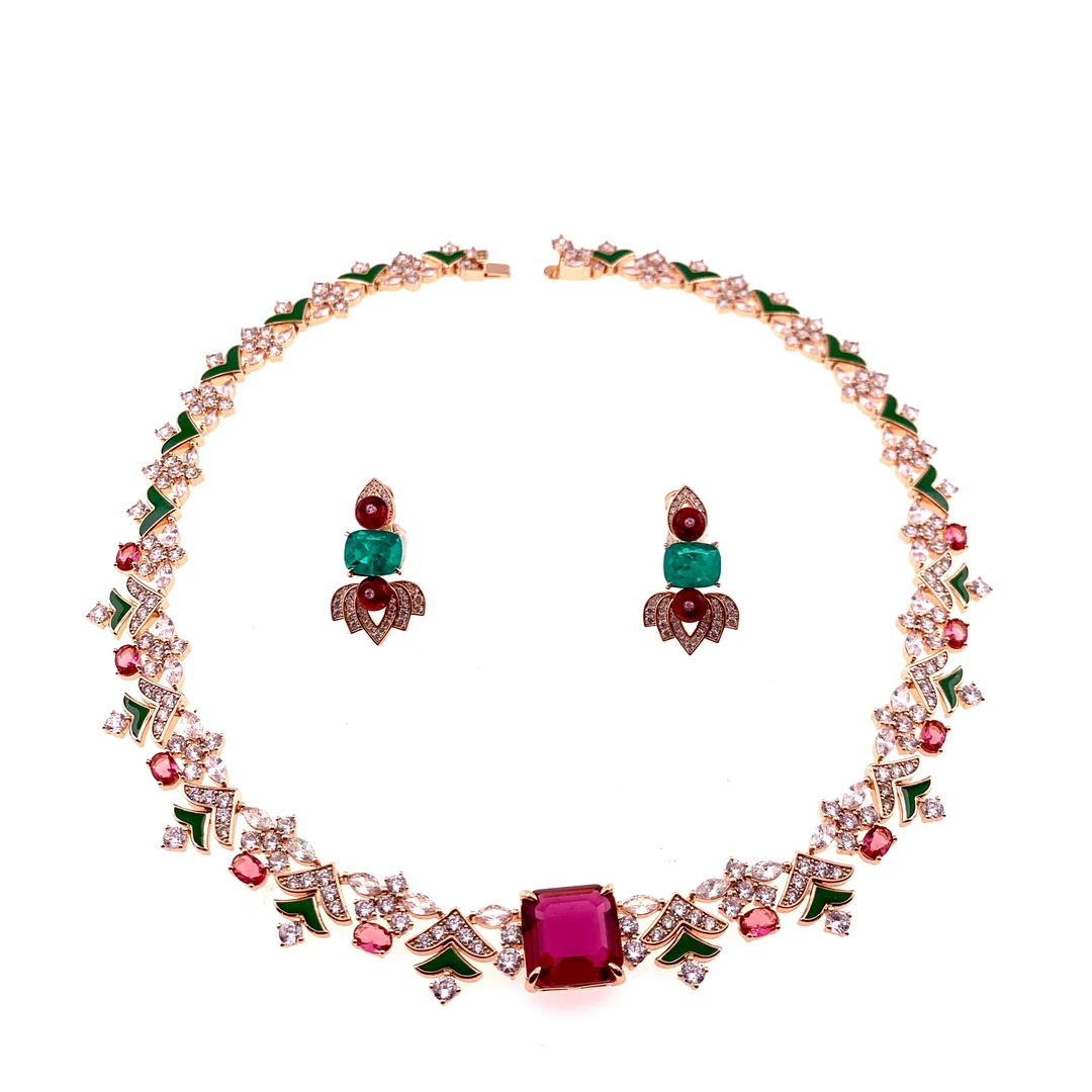 铜合金锆石项链 D073《》欧美瑞丽红色水滴项链套装