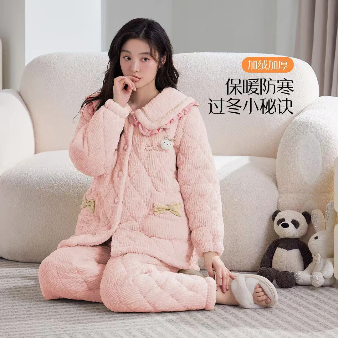 冬季女士三层夹棉加厚保暖舒适家居服套装003