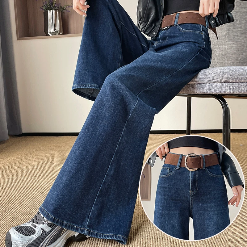 蜜蜜穿搭加绒加厚复古蓝休闲阔腿牛仔裤女2025冬季宽松垂感直筒裤